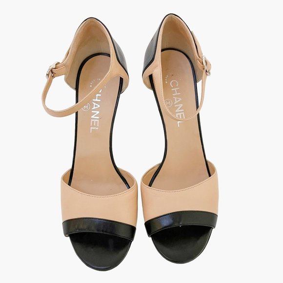 Chanel Two Tone CC Sandals EU 39.5 US 8.5-9 Beige Black Peep Toe High Heels - Picture 2 of 13
